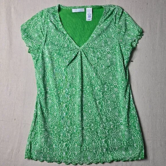 Lizwear Top Pull-On V-Neck Lined Ruffled Hem Short Sleeve Green/White Size M - Picture 1 of 9